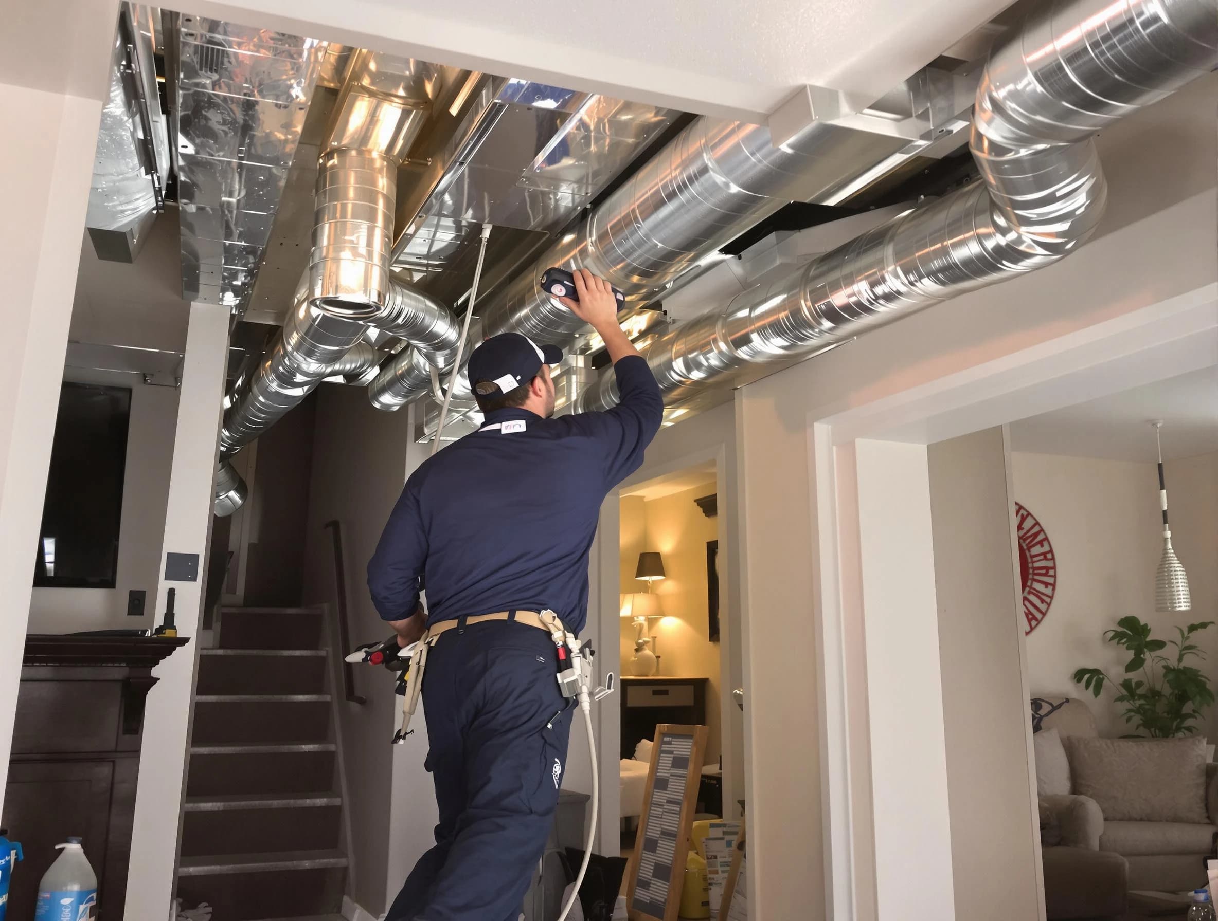 Pomona Air Duct Cleaning expert performing specialized duct cleaning in a mobile home in Pomona
