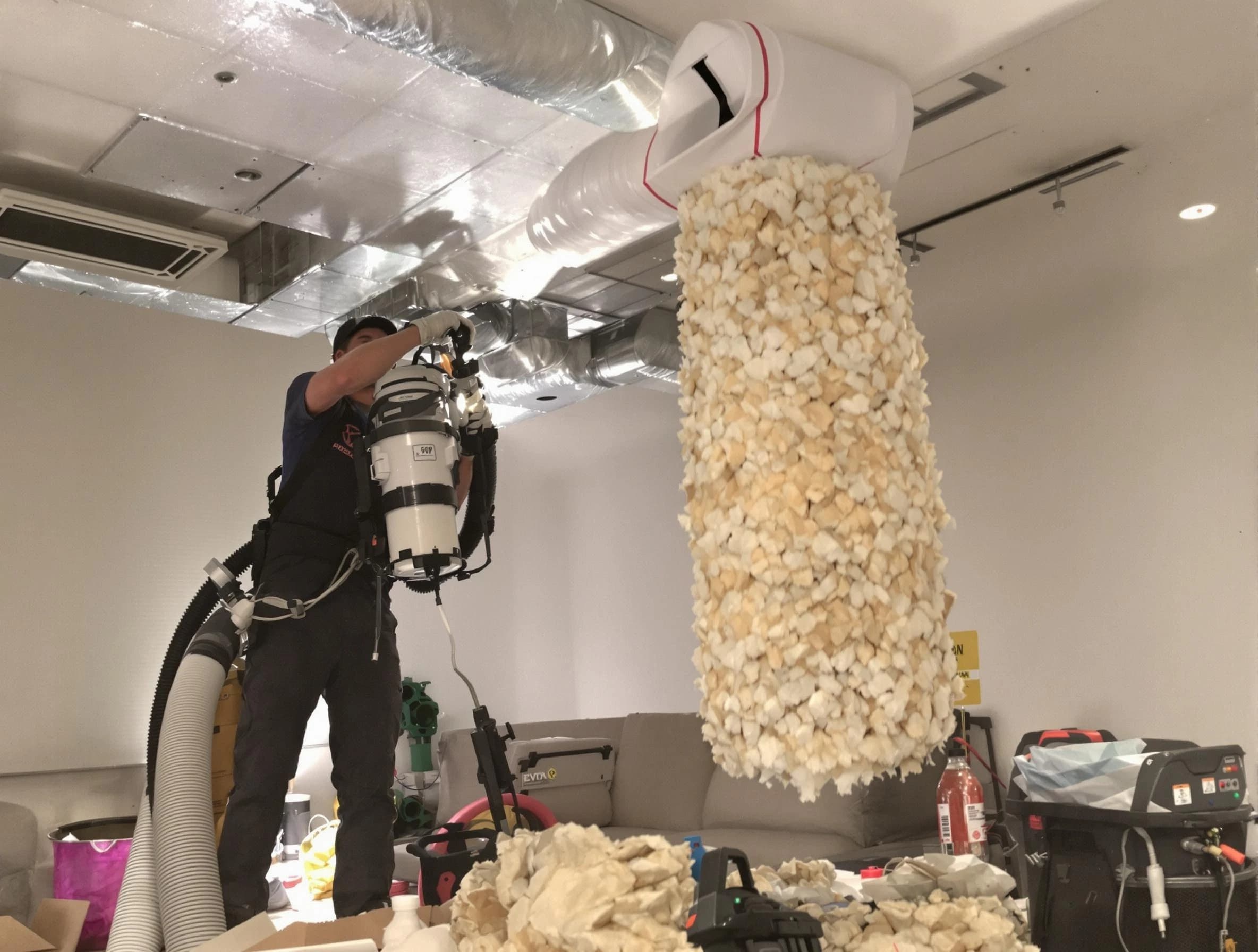 Pomona Air Duct Cleaning technician performing precision vacuum insulation removal in a residential property in Pomona