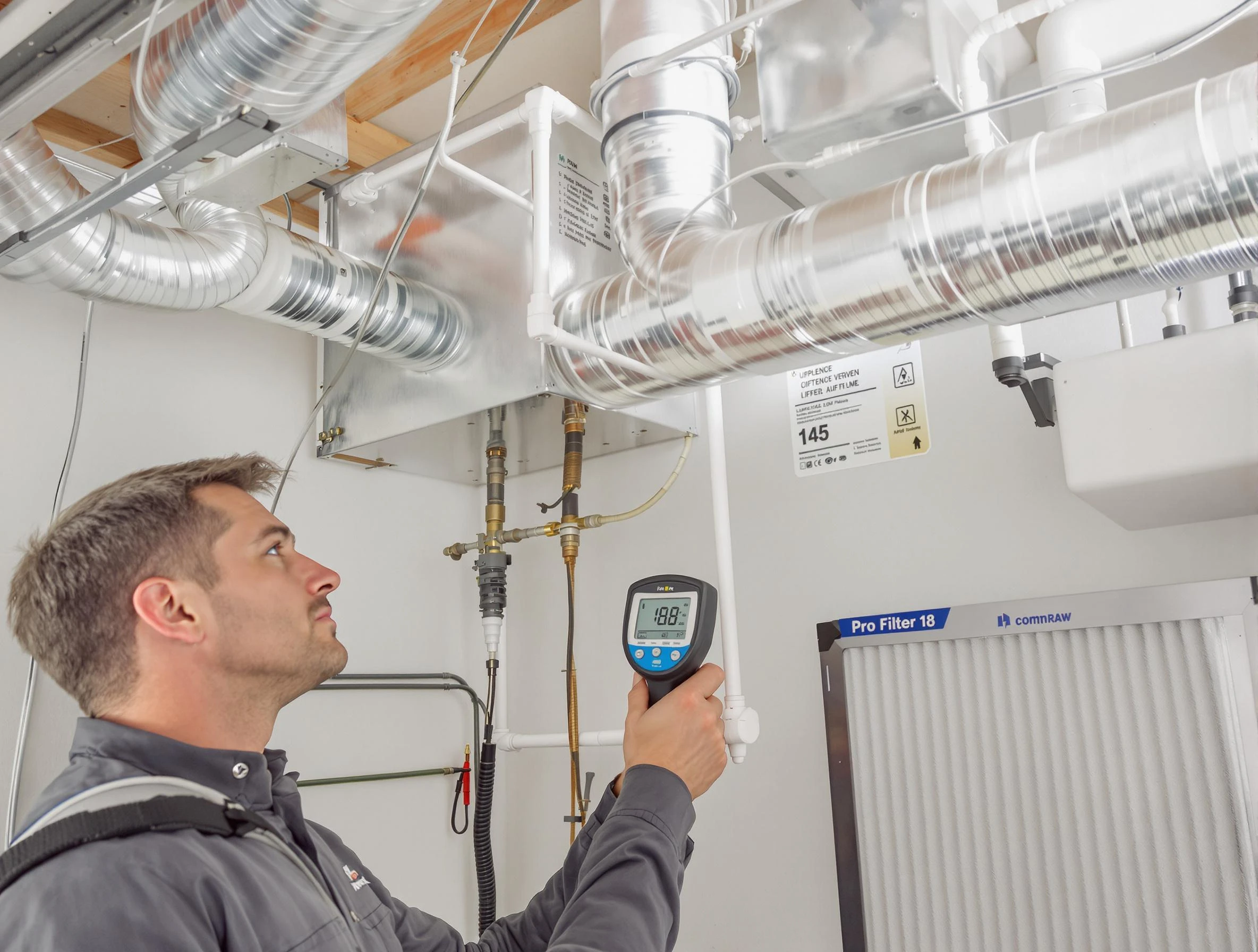 Pomona Air Duct Cleaning expert conducting detailed filter system inspection using diagnostic tools in Pomona